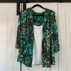 Chico’s Additions Size 1 Teal Brown Print Open Front Cardigan Jacket